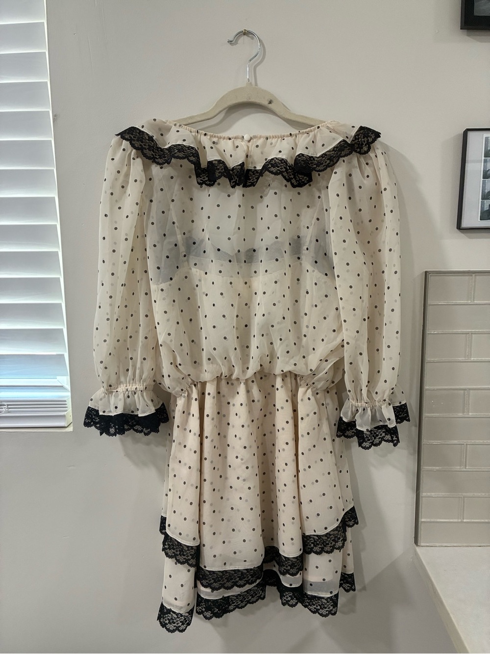 For Love And Lemons Cream Polka Dot Mini Dress with Black Lace Trim - Picture 2 of 2
